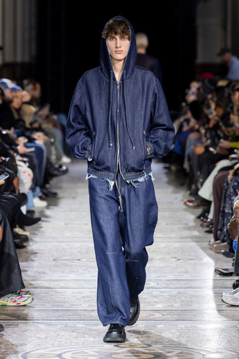 Loose twist yarn denim zip-up hoodie